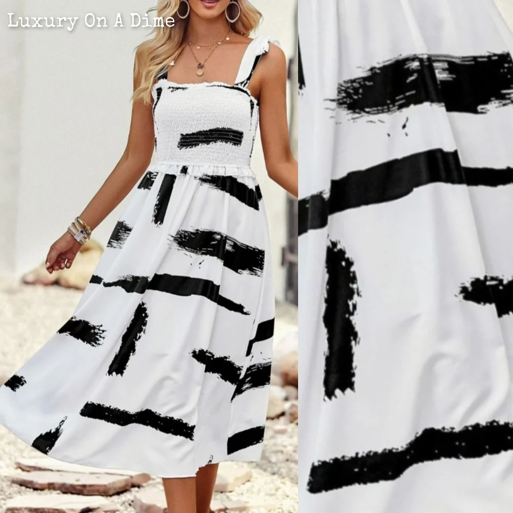 Contrast Paintbrush White Black Sleeveless Smocked Bodice Summer Midi Dress_3